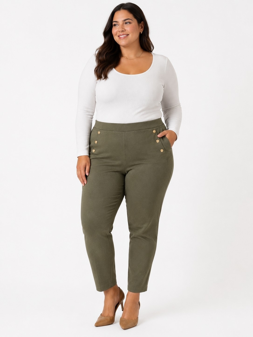 Michael Kors Olive High-Rise Pants with Gold Button Detail Size Xl